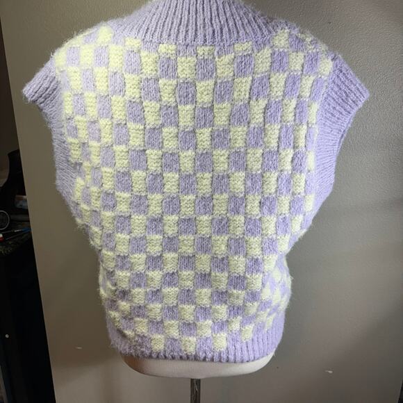 English Factory Sweater Vest Fuzzy Knit Academia Checkered Purple Yellow Women S - Picture 2 of 6